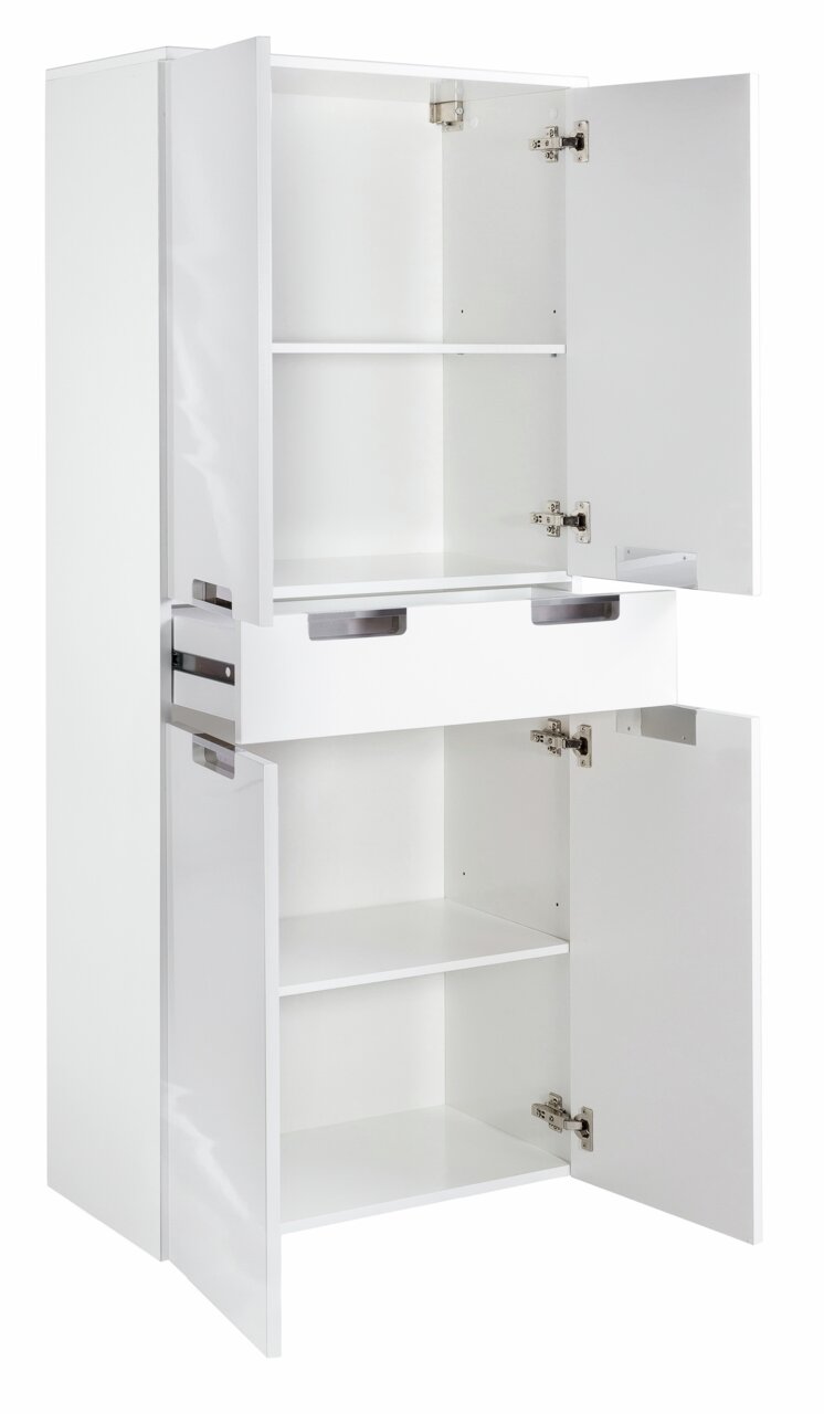 Weißer Hochschrank mit geöffneten Türen und Schublade, Frontalansicht