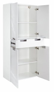 Weißer Hochschrank mit geöffneten Türen und Schublade, Frontalansicht