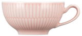 Seitenansicht einer rosa Teetasse mit geriffeltem Muster und Henkel, Modell AMINA von Seltmann Weiden, Fassungsvermögen 0,22 l