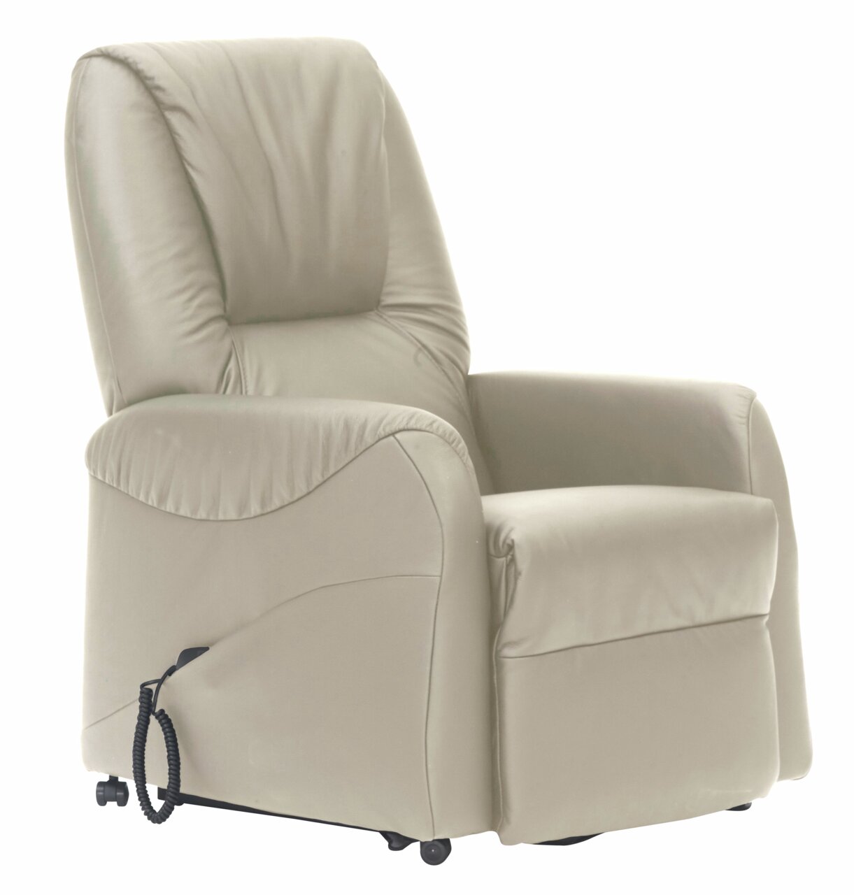 Beiger Fernsehsessel aus Leder, seitliche Perspektive, mit verstellbarer Rückenlehne und Armlehnen.