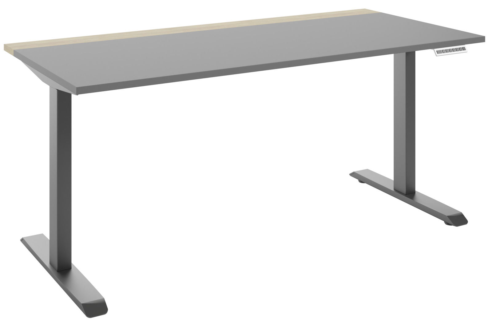 Moderner E-Schreibtisch in seitlicher Perspektive mit grauer Tischplatte und schwarzem Gestell.