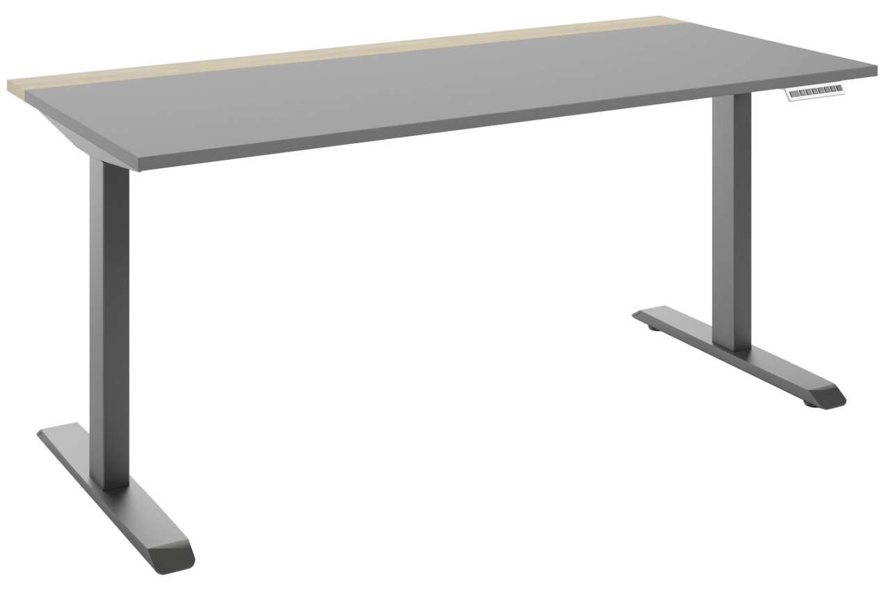 Novel E-Schreibtisch COLORADO Moderner E-Schreibtisch in seitlicher Perspektive mit grauer Tischplatte und schwarzem Gestell.