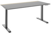 Modern elektrisch bureau in zijaanzicht met een grijs tafelblad en een zwart onderstel.