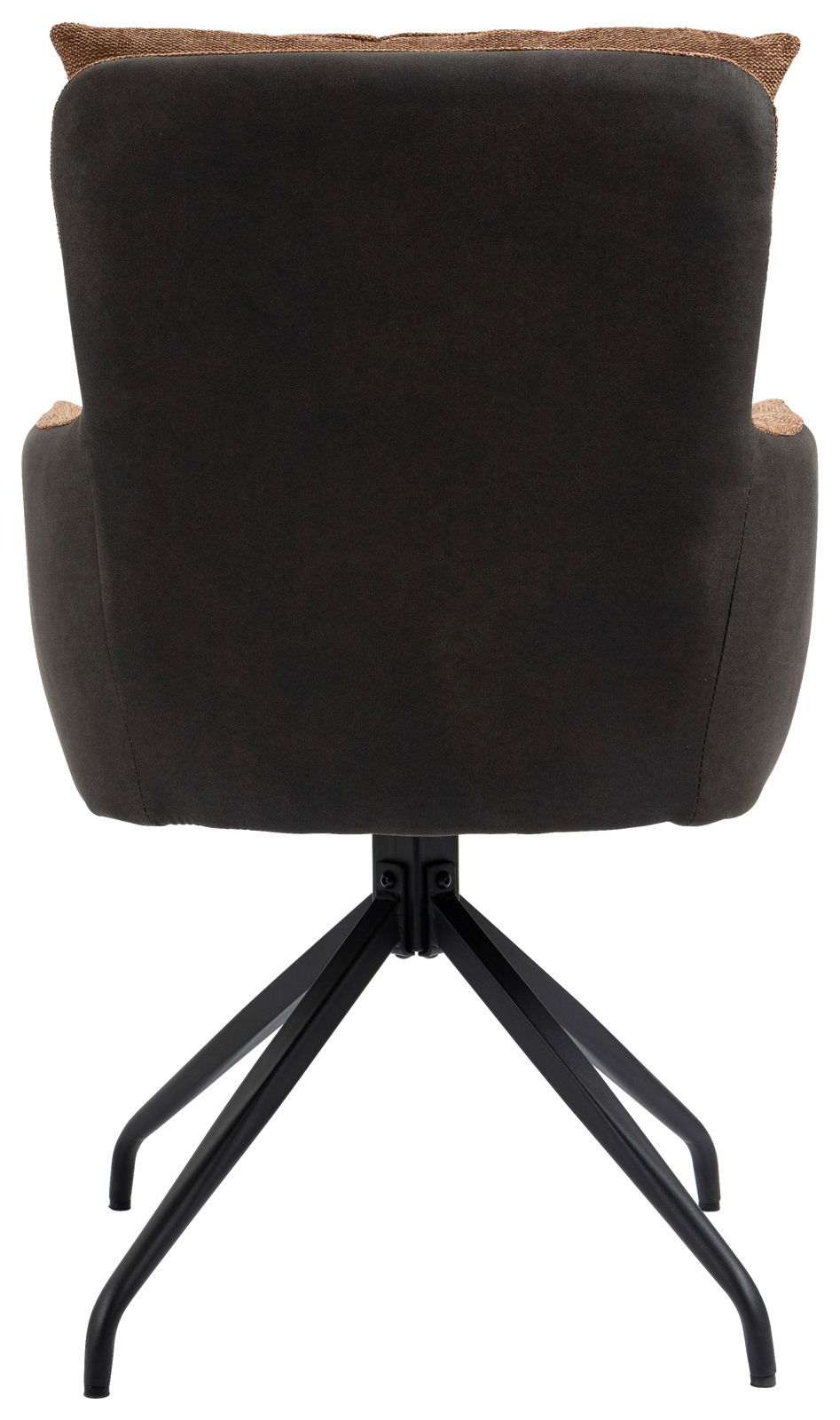 Rückansicht eines Sessels mit schwarzem Stoffbezug und braunen Akzenten, auf einem schwarzen Metallgestell mit vier Beinen.