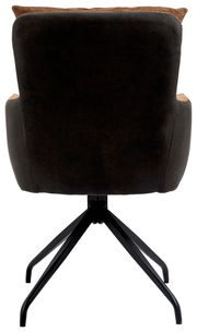 Rückansicht eines Sessels mit schwarzem Stoffbezug und braunen Akzenten, auf einem schwarzen Metallgestell mit vier Beinen.