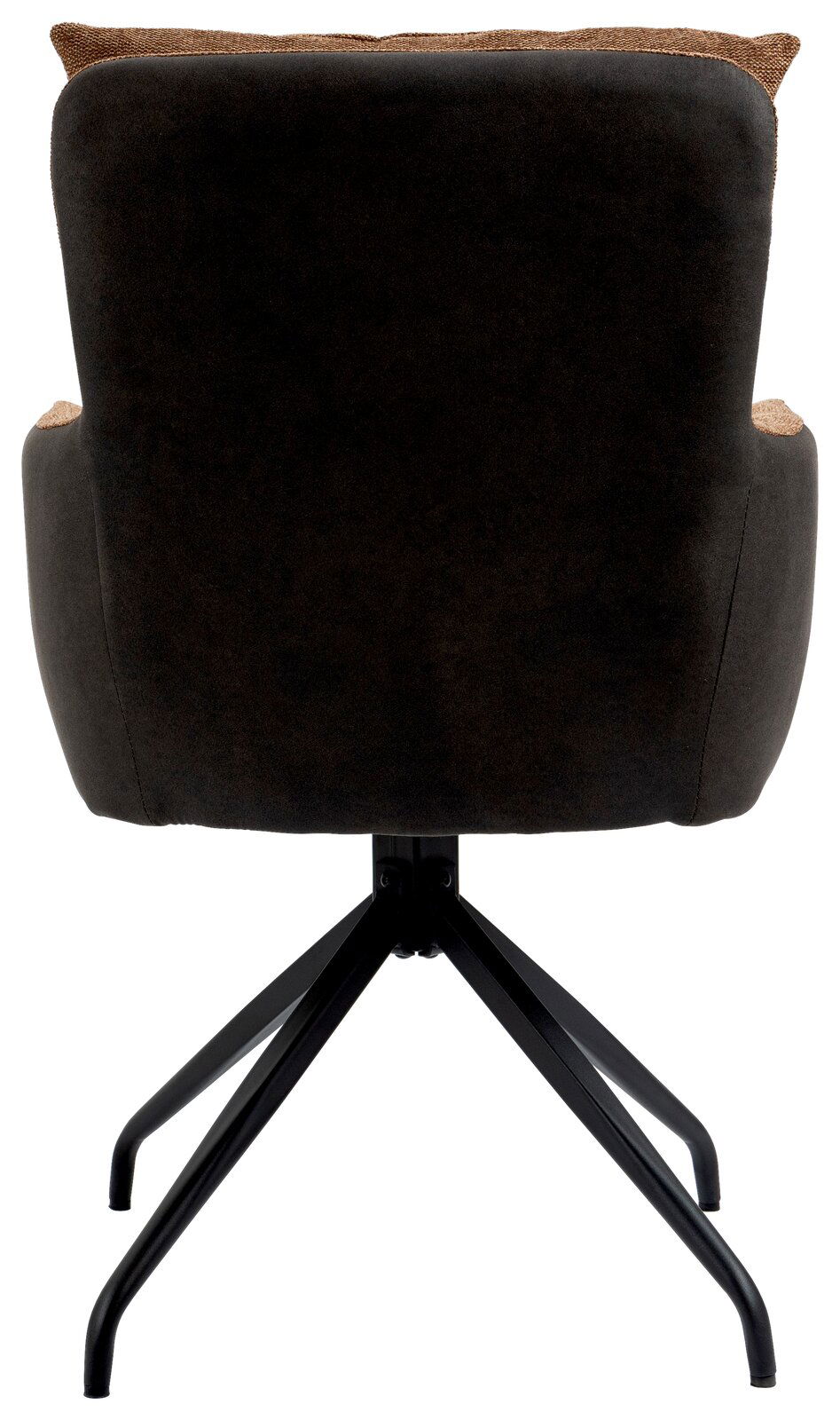 Rückansicht eines Sessels mit schwarzem Stoffbezug und braunen Akzenten, auf einem schwarzen Metallgestell mit vier Beinen.
