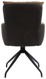 Rückansicht eines Sessels mit schwarzem Stoffbezug und braunen Akzenten, auf einem schwarzen Metallgestell mit vier Beinen.