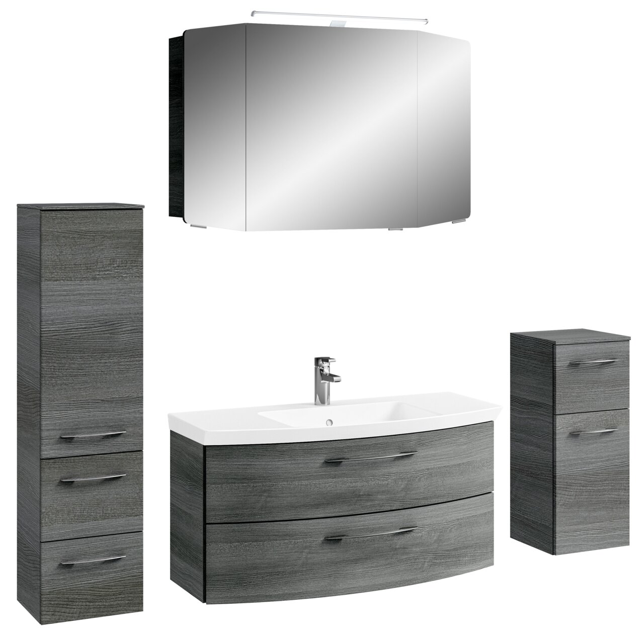 Pelipal Badkombination CASSCA SPRINT Moderne Badkombination in grauer Holzoptik mit Spiegelschrank, Waschbeckenunterschrank und zwei Hochschränken, frontal betrachtet.