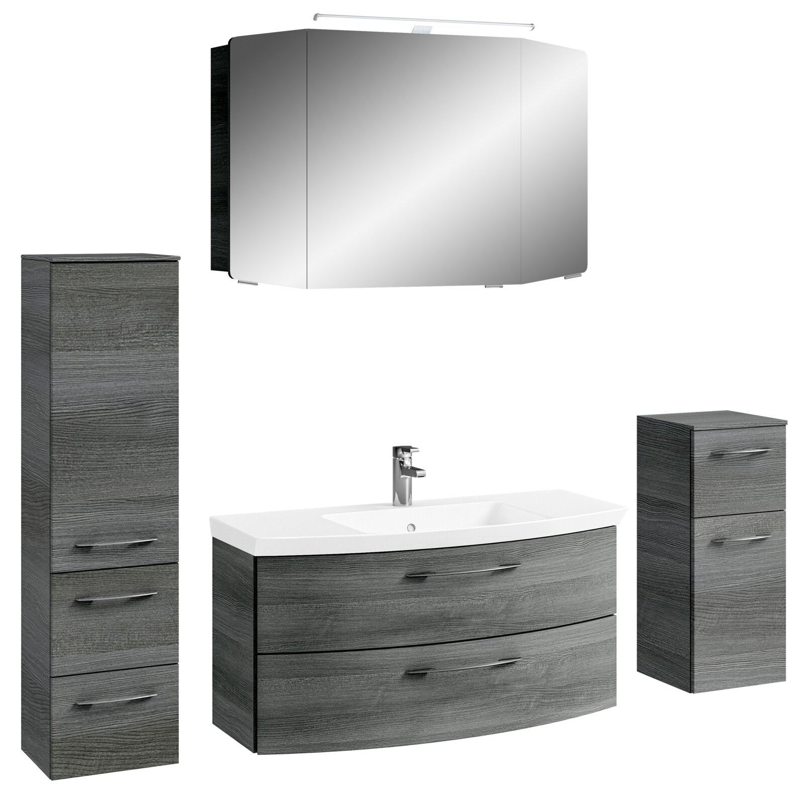 Pelipal Badkombination CASSCA SPRINT Moderne Badkombination in grauer Holzoptik mit Spiegelschrank, Waschbeckenunterschrank und zwei Hochschränken, frontal betrachtet.