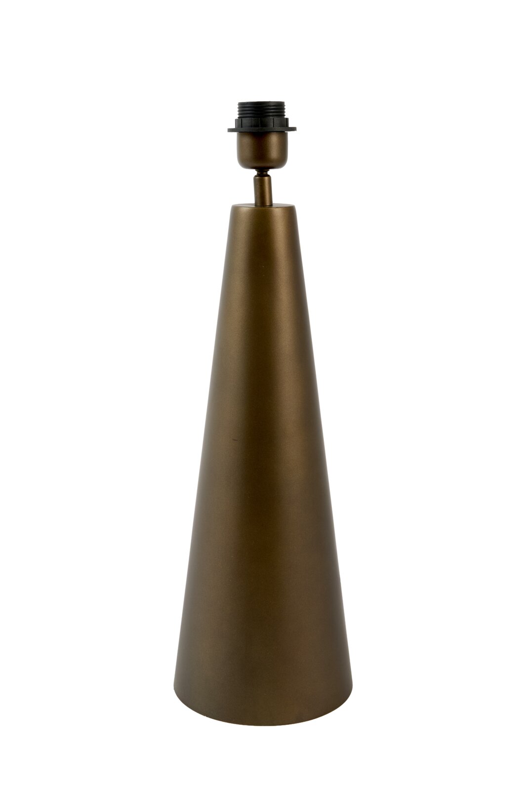 Konischer Lampenfuß in mattem Dunkelbronze mit schwarzer Lampenfassung, frontal in gerader Perspektive vor weißem Hintergrund
