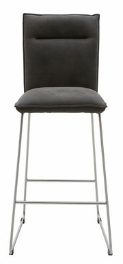 Frontansicht eines modernen Tresenstuhls mit grauem Polstersitz und Rückenlehne, sowie silbernem Metallgestell.