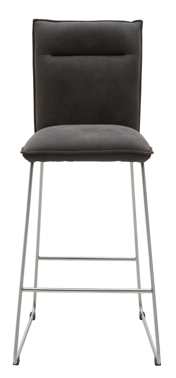 Frontansicht eines modernen Tresenstuhls mit grauem Polstersitz und Rückenlehne, sowie silbernem Metallgestell.