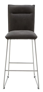 Frontansicht eines modernen Tresenstuhls mit grauem Polstersitz und Rückenlehne, sowie silbernem Metallgestell.