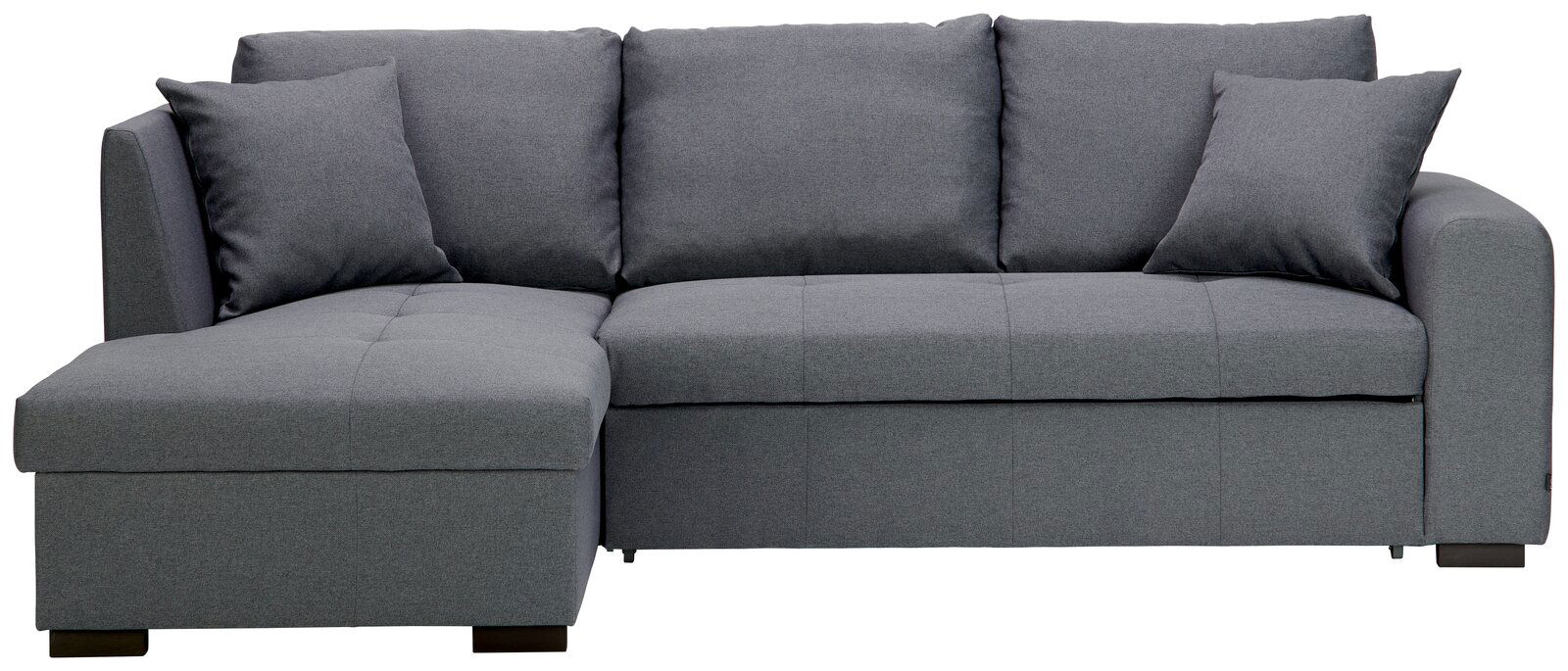 Graues Ecksofa mit drei Rückenkissen und zwei Armlehnenkissen, Vorderansicht