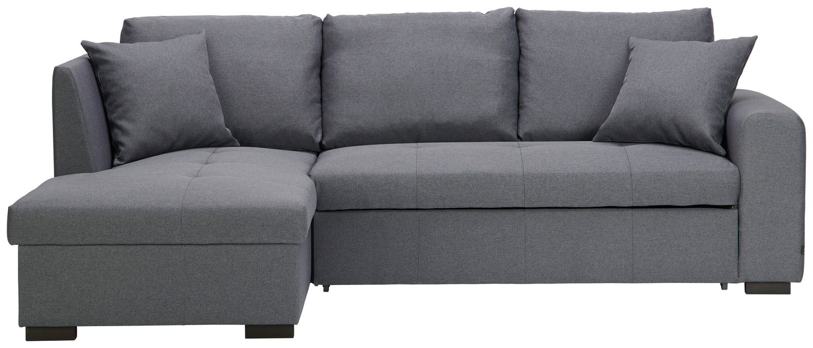 Graues Ecksofa mit drei Rückenkissen und zwei Armlehnenkissen, Vorderansicht