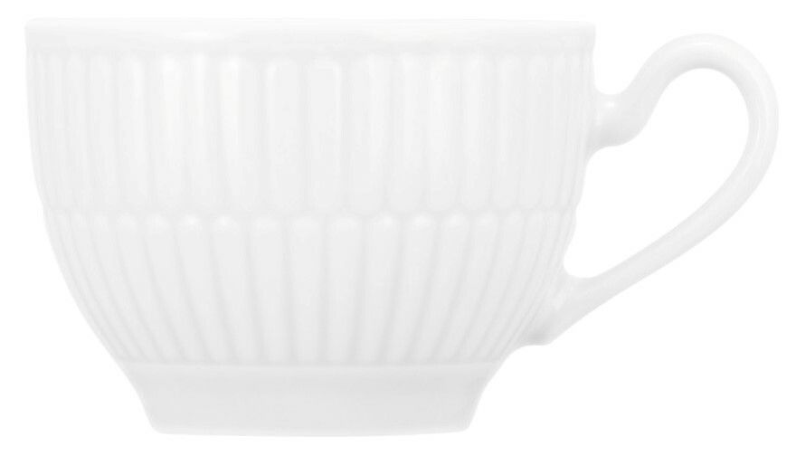 Weiße Espressotasse Seltmann Weiden AMINA, seitliche Ansicht mit geriffeltem Design und elegantem Henkel.