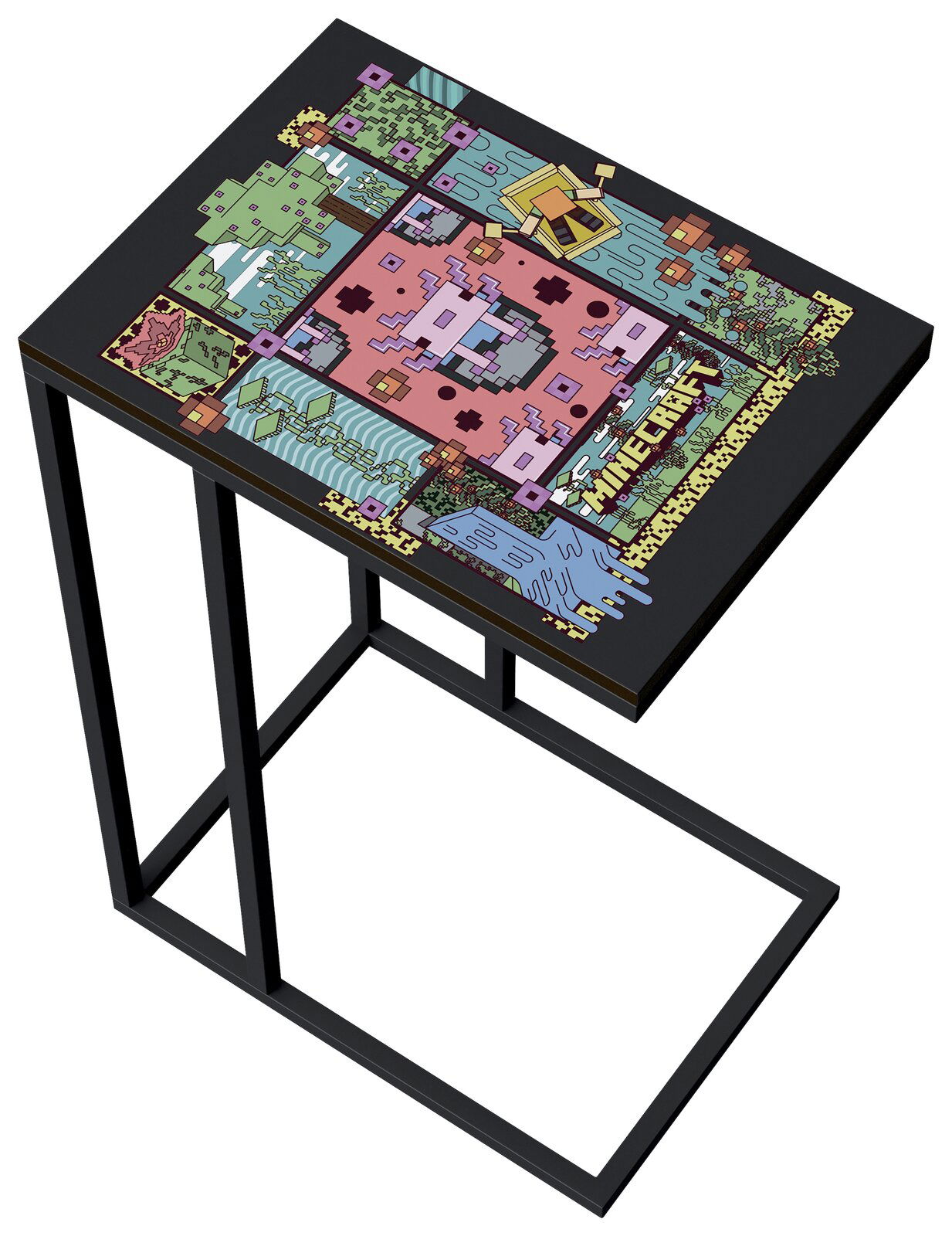Schwarzer Beistelltisch mit Metallgestell und farbiger Minecraft-Grafik auf der Tischplatte, schräg von oben in 3/4-Perspektive fotografiert