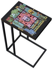 Schwarzer Beistelltisch mit Metallgestell und farbiger Minecraft-Grafik auf der Tischplatte, schräg von oben in 3/4-Perspektive fotografiert