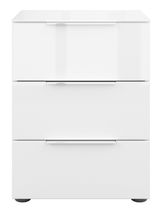 Weiße Nachtkommode mit drei Schubladen, frontale Ansicht