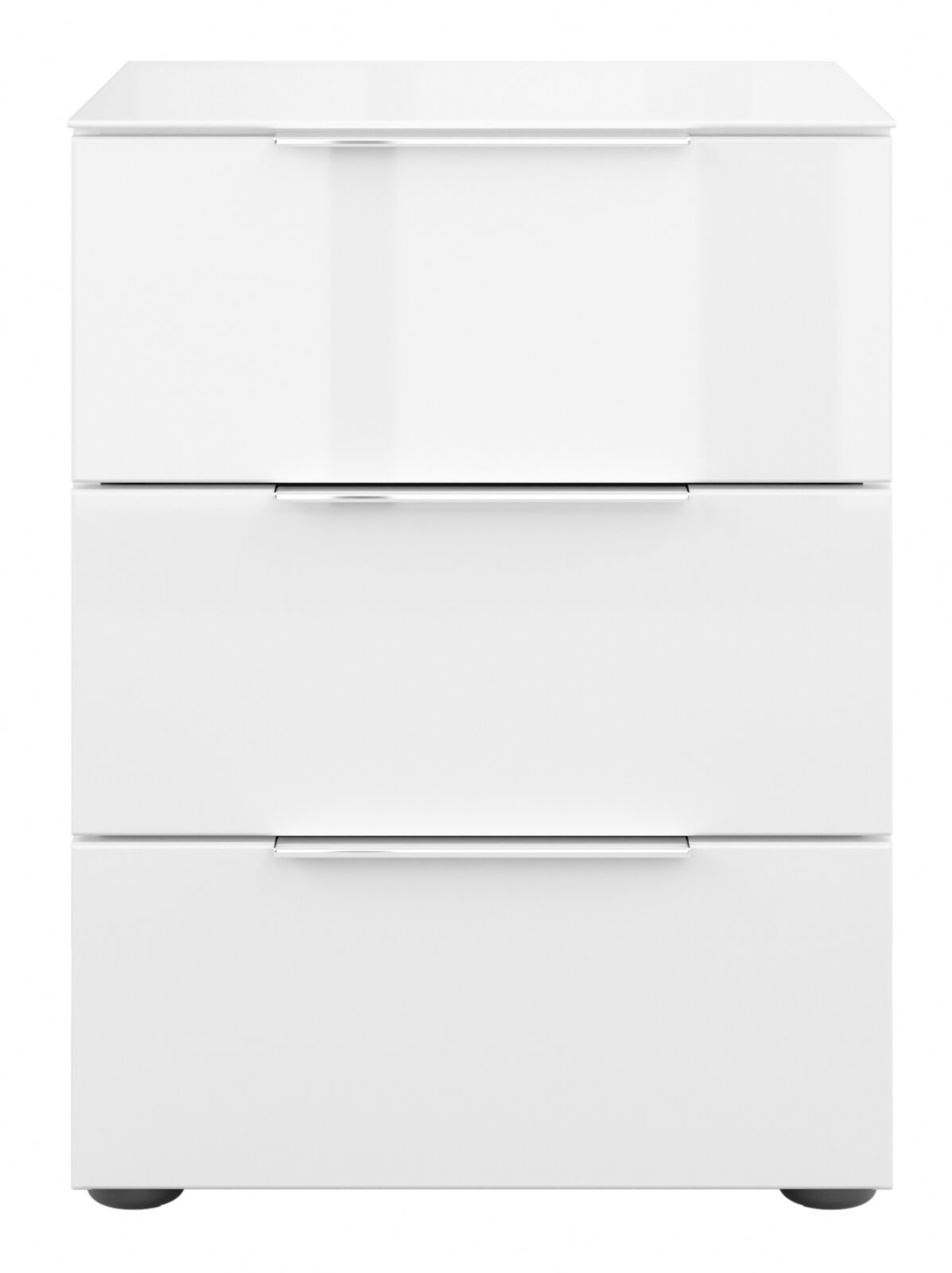 Weiße Nachtkommode mit drei Schubladen, frontale Ansicht