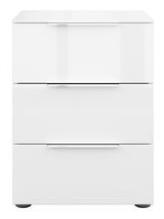 Weiße Nachtkommode mit drei Schubladen, frontale Ansicht