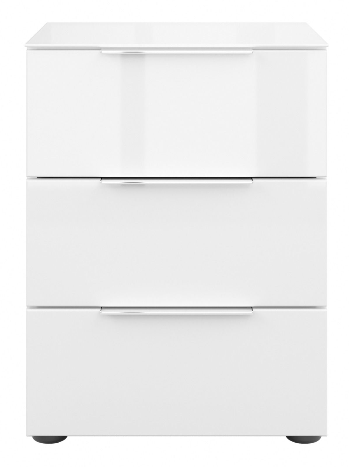 Weiße Nachtkommode mit drei Schubladen, frontale Ansicht