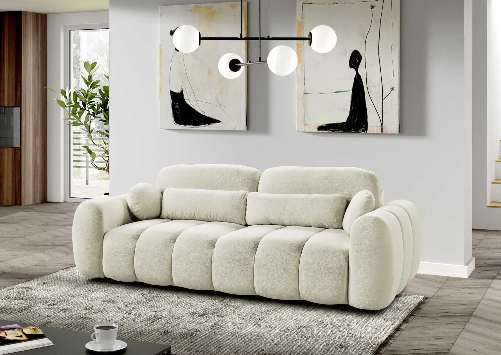 Modernes, cremeweißes 3-Sitzer-Sofa mit weichem Bouclé-Bezug, abgerundeten Armlehnen und segmentierter Polsterung im Wohnzimmer Frontansicht in leichter Schrägperspektive von vorn rechts