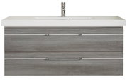 Moderne wastafel met grijze houtlook en twee lades, vooraanzicht