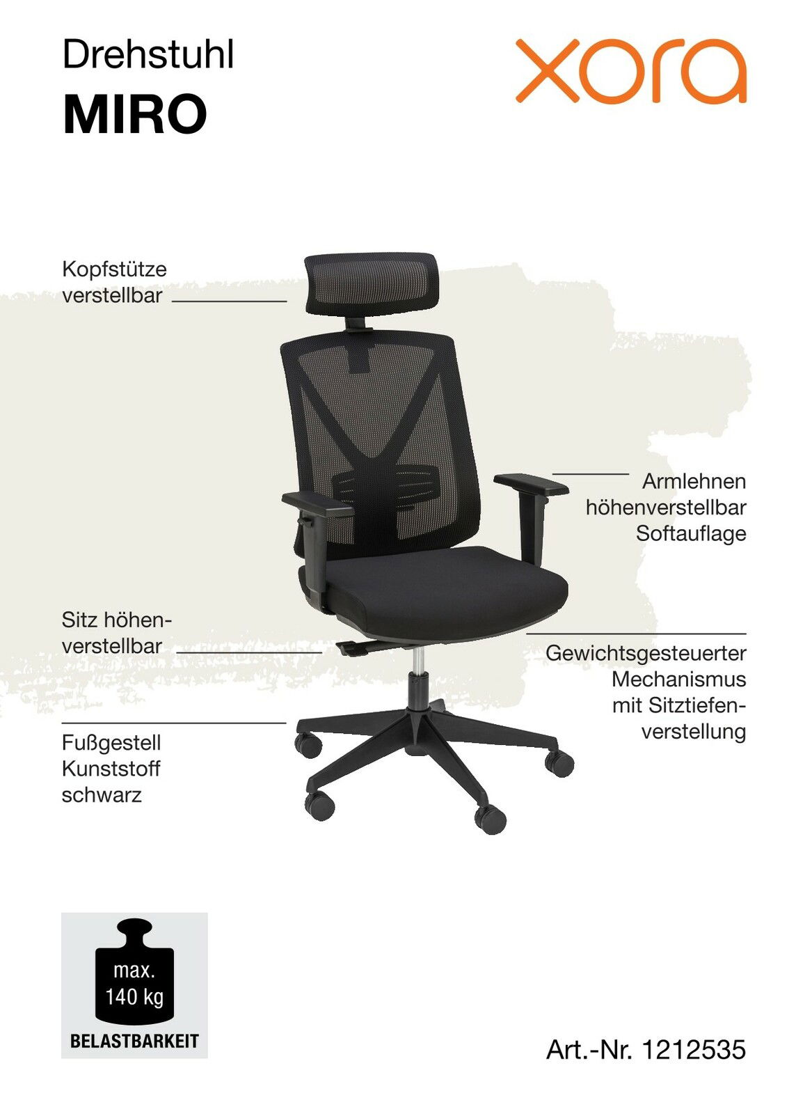 Ergonomischer Drehstuhl mit verstellbarer Kopfstütze, höhenverstellbaren Armlehnen und Sitz, schwarzem Kunststoff-Fußgestell, seitliche Perspektive
