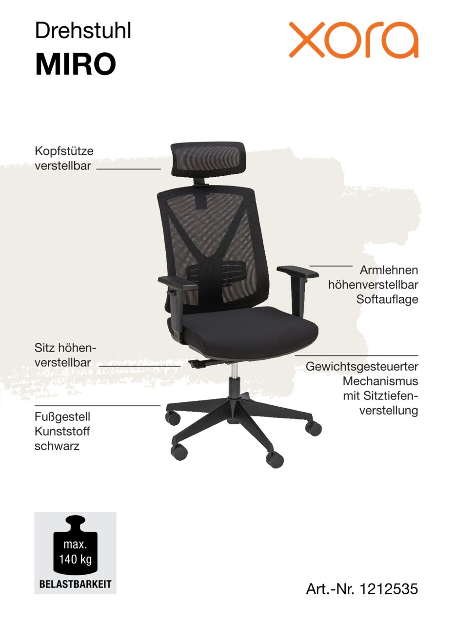 Ergonomischer Drehstuhl mit verstellbarer Kopfstütze, höhenverstellbaren Armlehnen und Sitz, schwarzem Kunststoff-Fußgestell, seitliche Perspektive