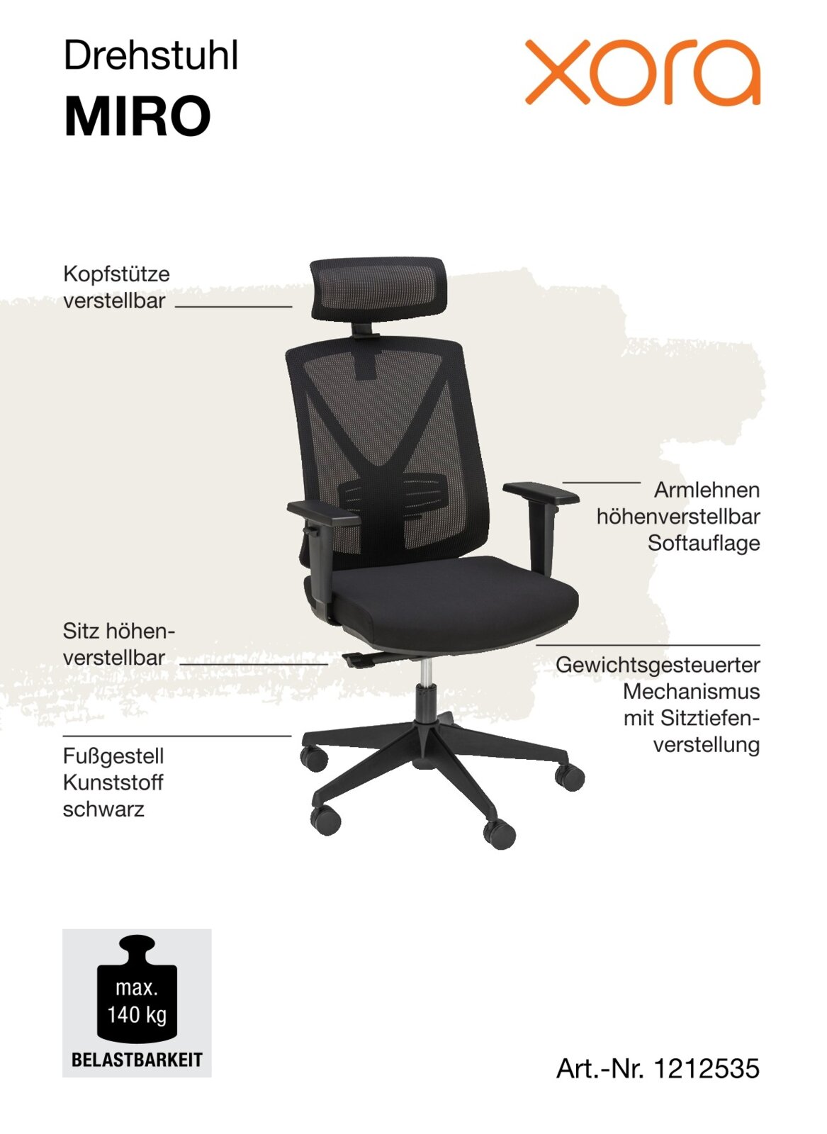 Ergonomischer Drehstuhl mit verstellbarer Kopfstütze, höhenverstellbaren Armlehnen und Sitz, schwarzem Kunststoff-Fußgestell, seitliche Perspektive