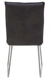 Rückansicht eines modernen Stuhls mit schwarzer Polsterung und Metallbeinen.