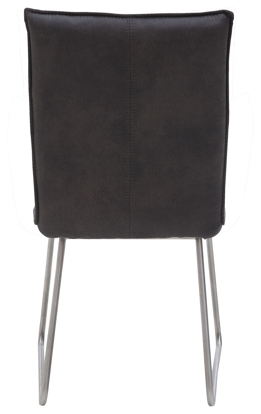 Rückansicht eines modernen Stuhls mit schwarzer Polsterung und Metallbeinen.