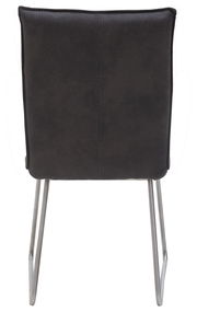 Rückansicht eines modernen Stuhls mit schwarzer Polsterung und Metallbeinen.