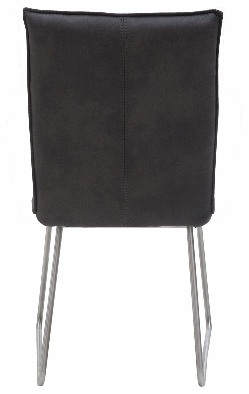 Rückansicht eines modernen Stuhls mit schwarzer Polsterung und Metallbeinen.