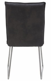 Rückansicht eines modernen Stuhls mit schwarzer Polsterung und Metallbeinen.