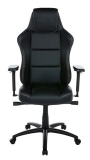 Schwarzer Gaming-Stuhl mit ergonomischem Design, Armlehnen und Rollen, Vorderansicht