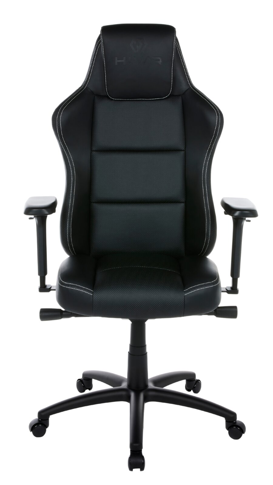 Schwarzer Gaming-Stuhl mit ergonomischem Design, Armlehnen und Rollen, Vorderansicht