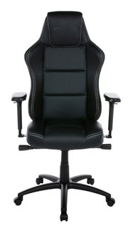 Schwarzer Gaming-Stuhl mit ergonomischem Design, Armlehnen und Rollen, Vorderansicht