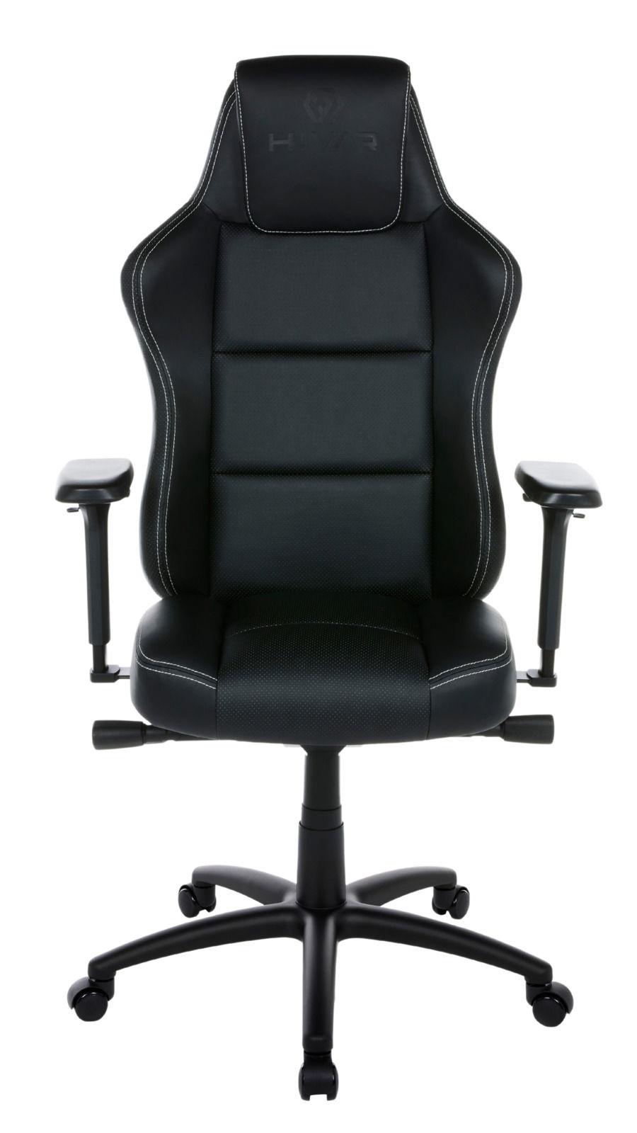 Schwarzer Gaming-Stuhl mit ergonomischem Design, Armlehnen und Rollen, Vorderansicht