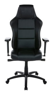 Schwarzer Gaming-Stuhl mit ergonomischem Design, Armlehnen und Rollen, Vorderansicht