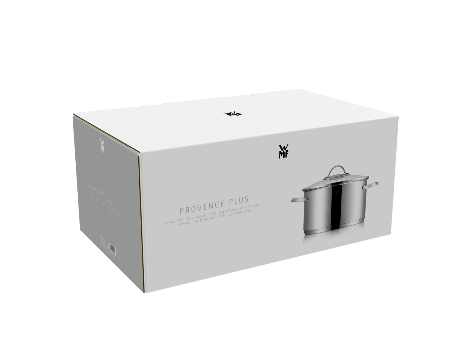 Verpakking van de WMF-pannenset Provence Plus, schuin van voren gefotografeerd