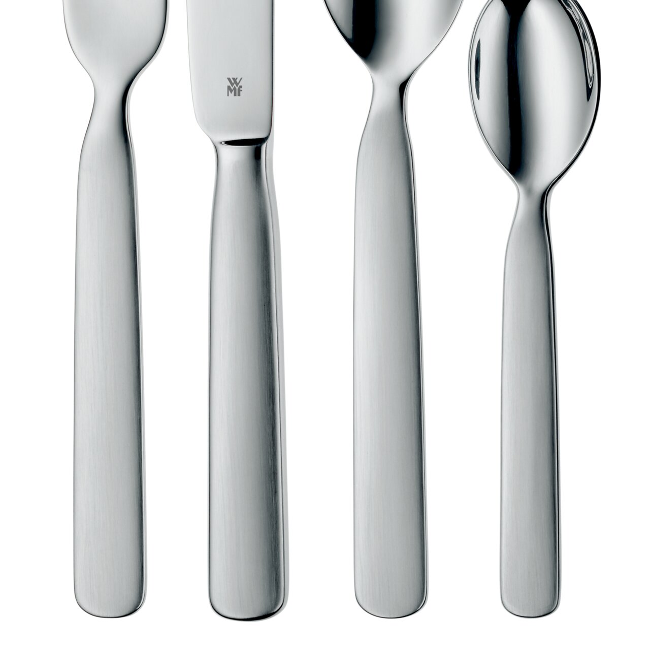 Kinderbesteck First Lyric 4-teilig, Vorderansicht, bestehend aus Messer, Gabel, Löffel und Teelöffel aus Edelstahl.