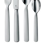 Kinderbesteck First Lyric 4-teilig, Vorderansicht, bestehend aus Messer, Gabel, Löffel und Teelöffel aus Edelstahl.