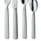 Kinderbesteck First Lyric 4-teilig, Vorderansicht, bestehend aus Messer, Gabel, Löffel und Teelöffel aus Edelstahl.