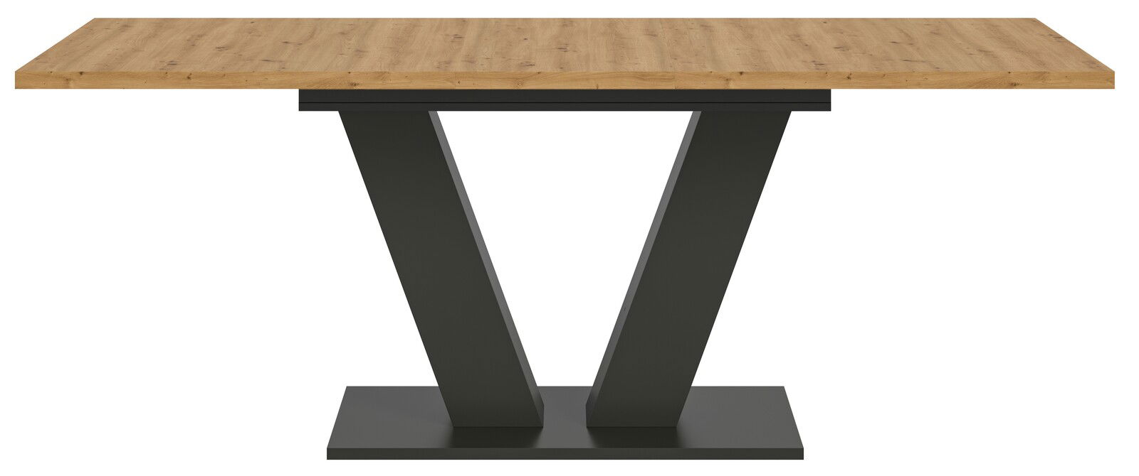 Moderner Esstisch mit Holzplatte und V-förmigem Metallgestell, Frontalansicht