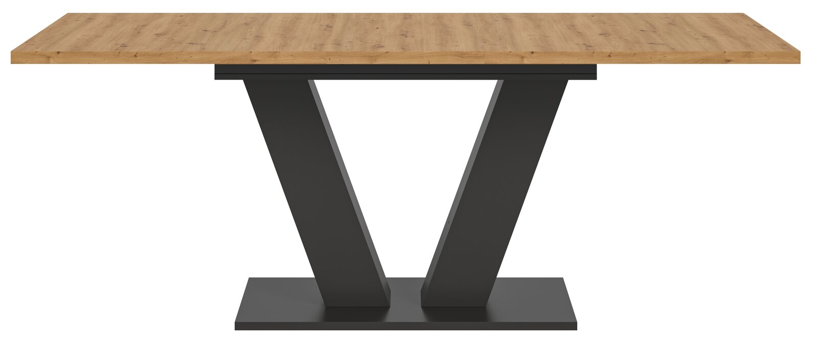 Moderner Esstisch mit Holzplatte und V-förmigem Metallgestell, Frontalansicht