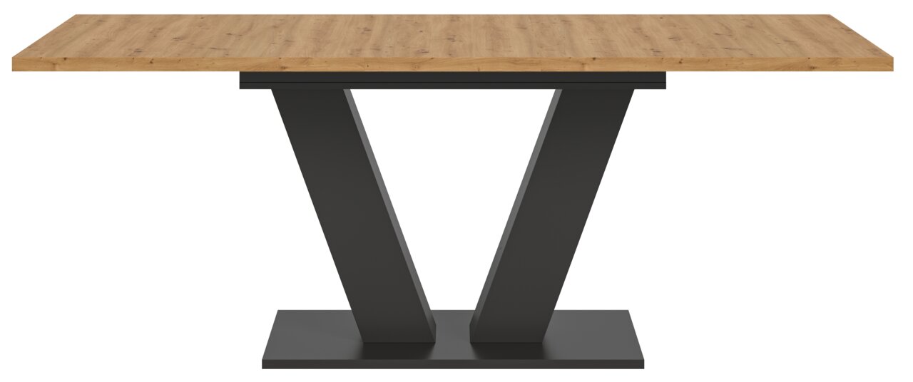 Moderner Esstisch mit Holzplatte und V-förmigem Metallgestell, Frontalansicht