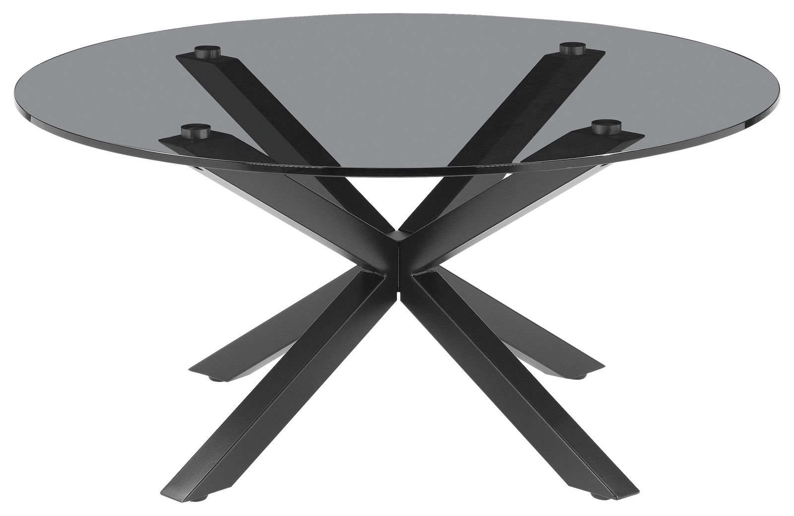 Moderner Couchtisch mit runder Glasplatte und schwarzem Metallgestell, seitliche Perspektive