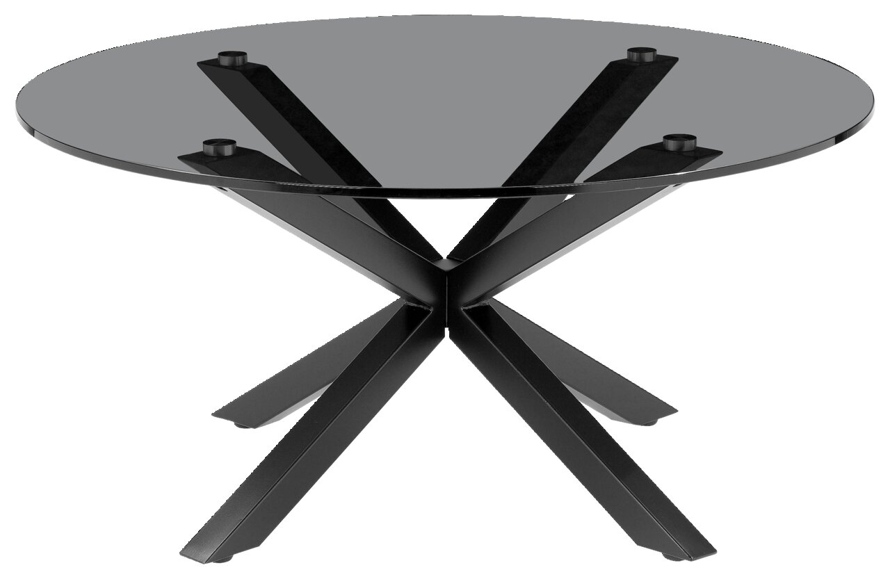 Moderner Couchtisch mit runder Glasplatte und schwarzem Metallgestell, seitliche Perspektive